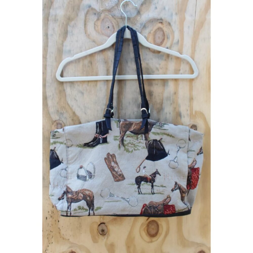 Braciano Beige Fabric Horse Equestrian Tapestry Shoulder Tote Handbag Embroider